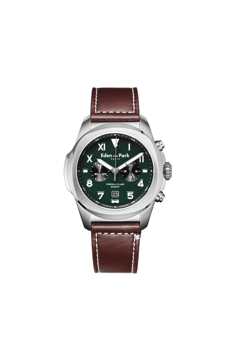 Montre à quartz chronographe en cuir vert - Image 1