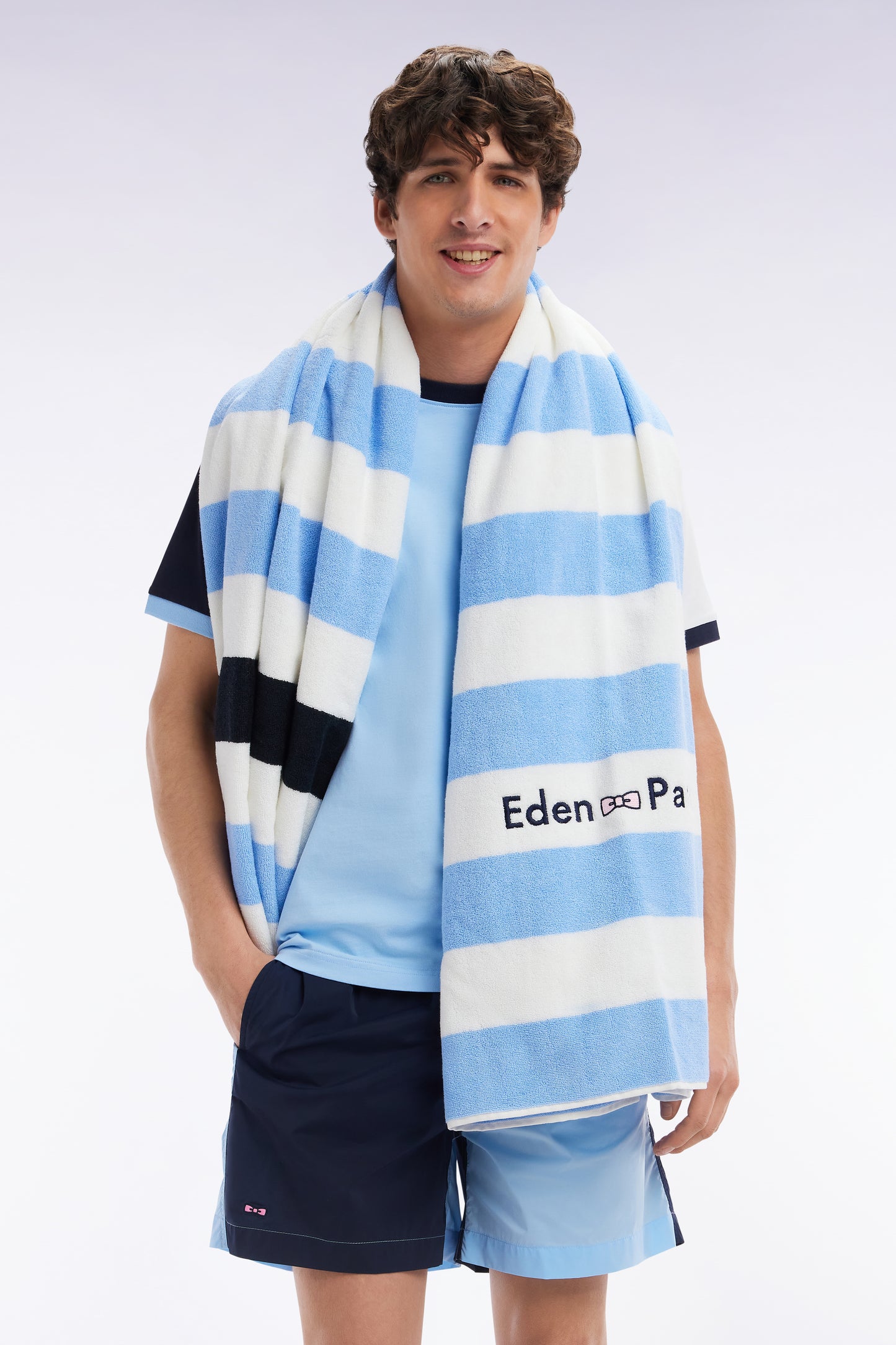 Striped beach towel in sky blue terry cotton