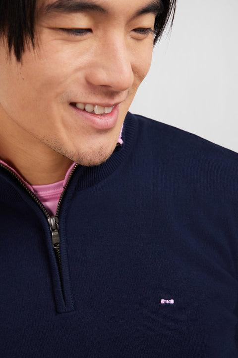 Navy blue cotton jersey jumper with trucker neck - Image 1