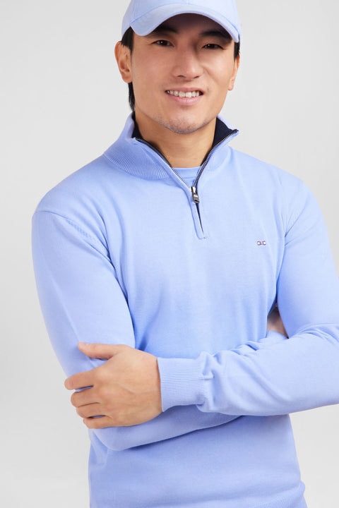 Blue cotton jersey jumper with trucker neck - Image 3