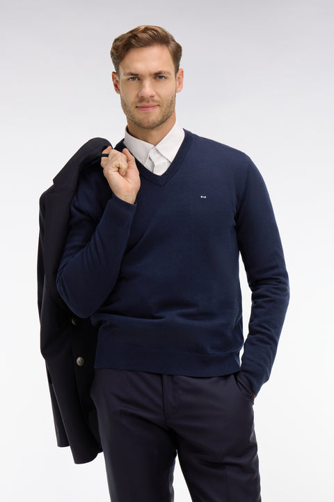Navy blue cotton V-neck sweater - Image 1