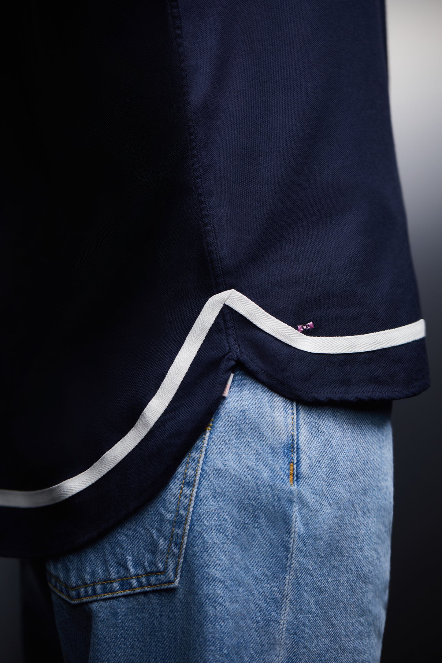Navy cotton shirt with ecru braids upcycled Pap'Atelier