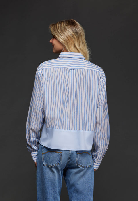 Chemise en coton bleu rayé à empiècement uni upcyclée Pap'Atelier - Image 3