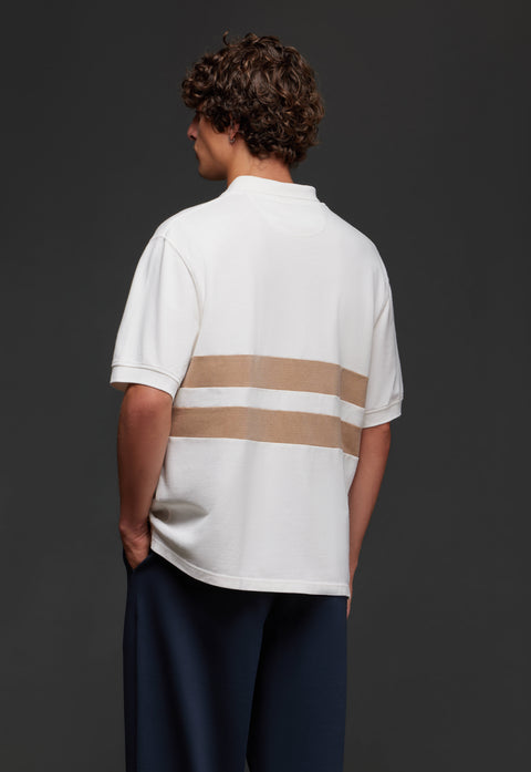 Polo en coton écru à rayures camel coupé cousu upcyclé Pap'Atelier - Image 3