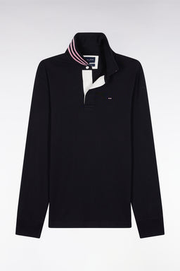 Long-sleeved jersey in black with striped collar underneath