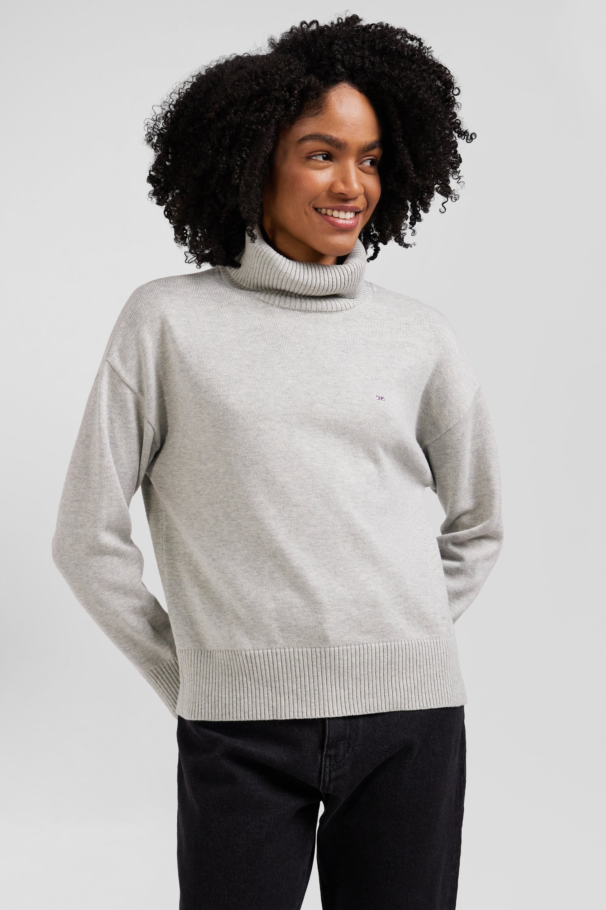 Pull col roulé en laine et coton gris clair coupe Relaxed