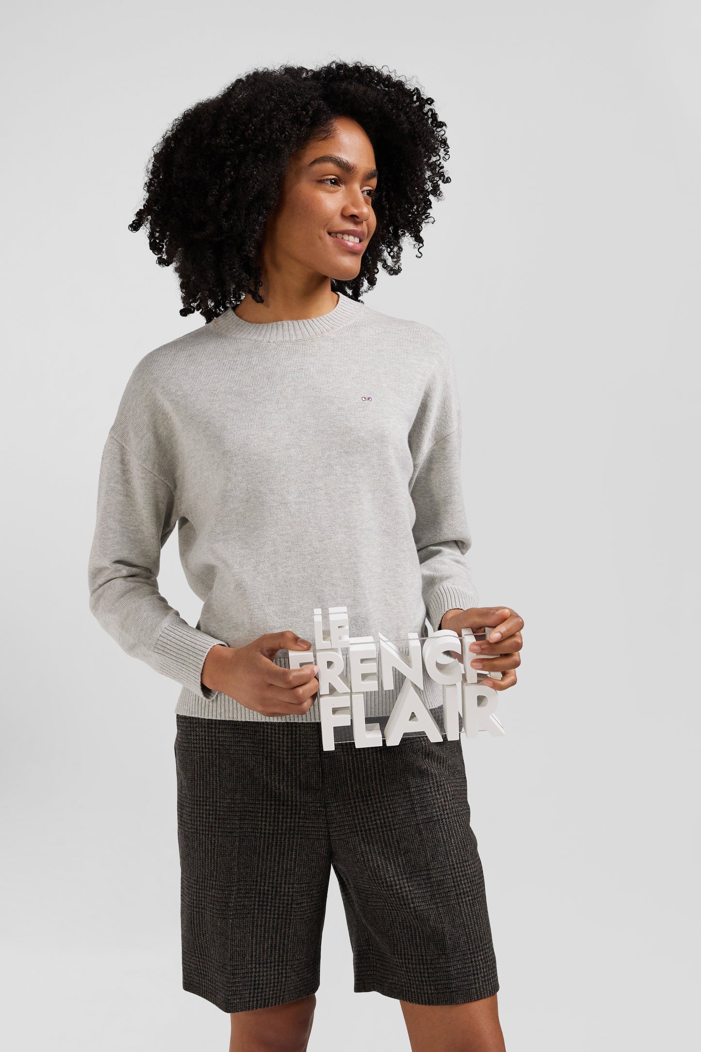 Pull col rond en laine et coton gris clair coupe Relaxed