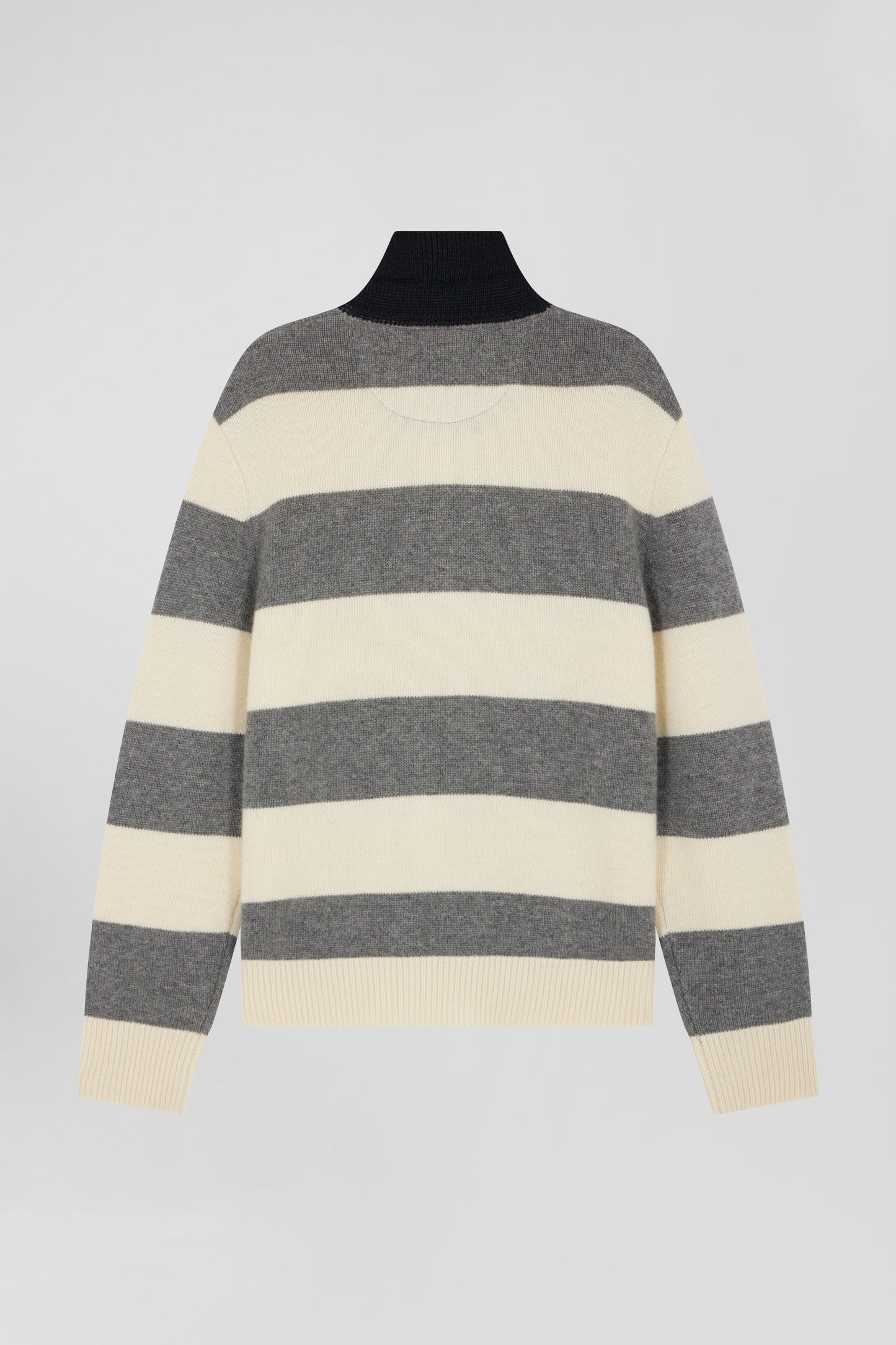 Light grey and ecru striped wool and cashmere polo-neck sweater