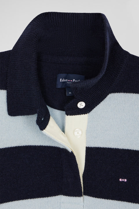Light blue and navy striped wool and cashmere polo-neck sweater - Image 3