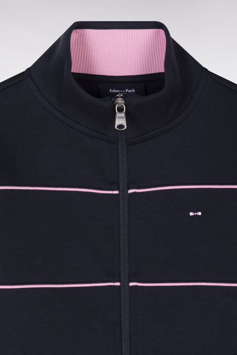 Straight-fit zipped navy stretch cotton sweatshirt with pink piping - Image 2