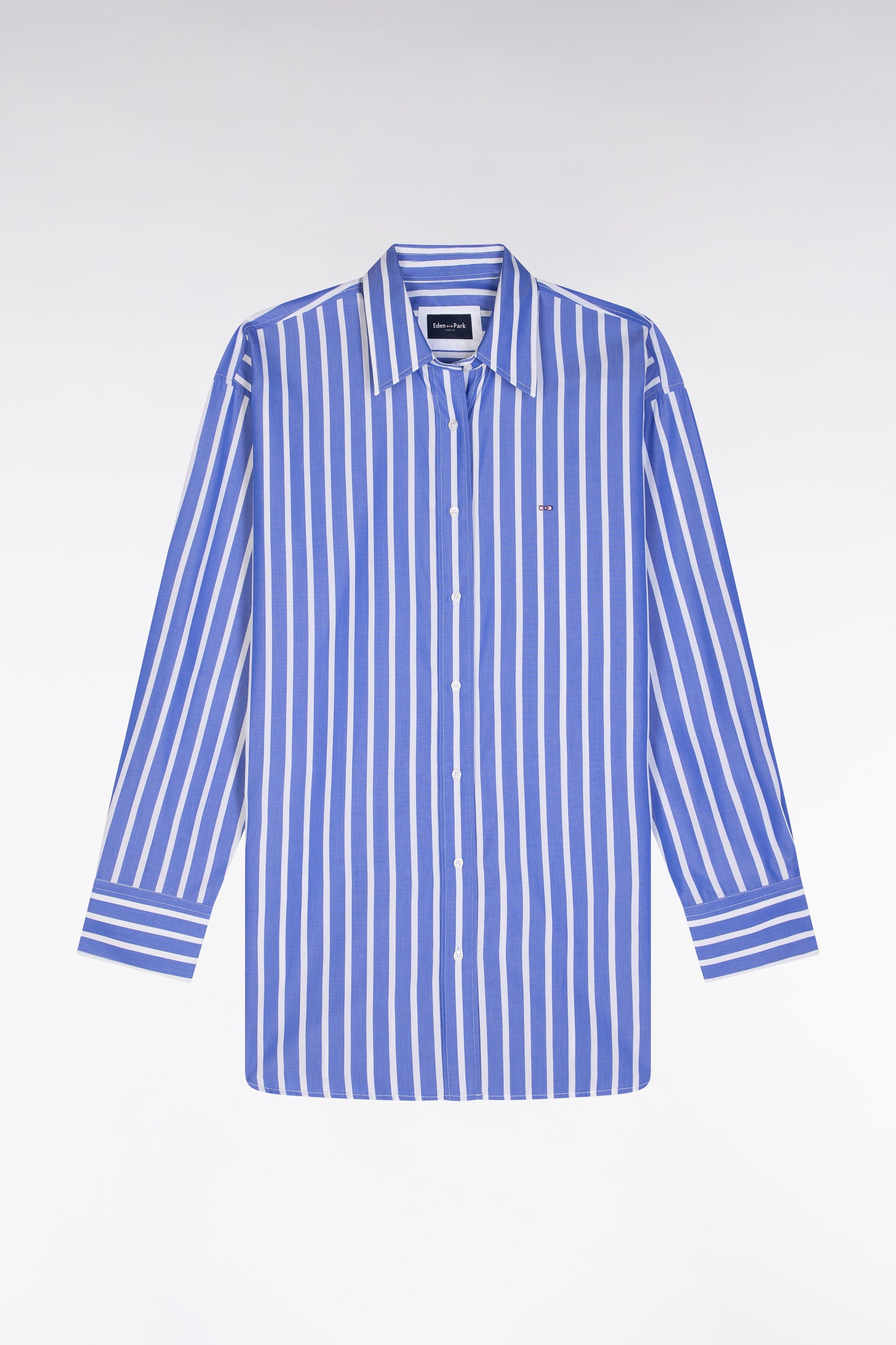 Oversized blue cotton shirt with white stripes