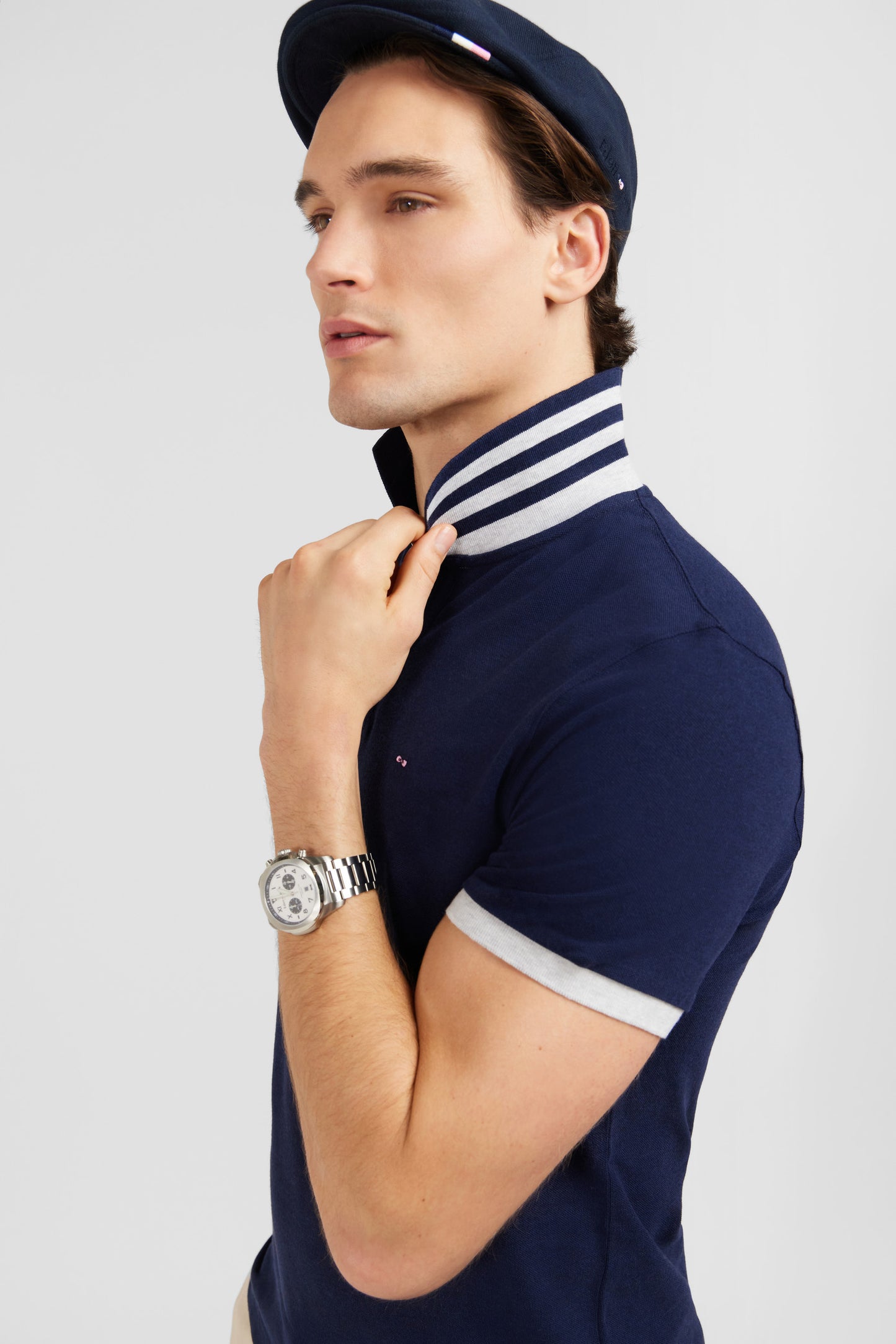 Navy blue short-sleeved polo shirt