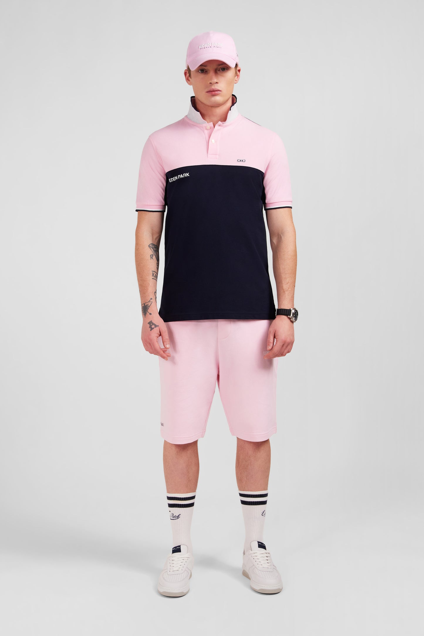 Pink short-sleeved colour-block polo shirt