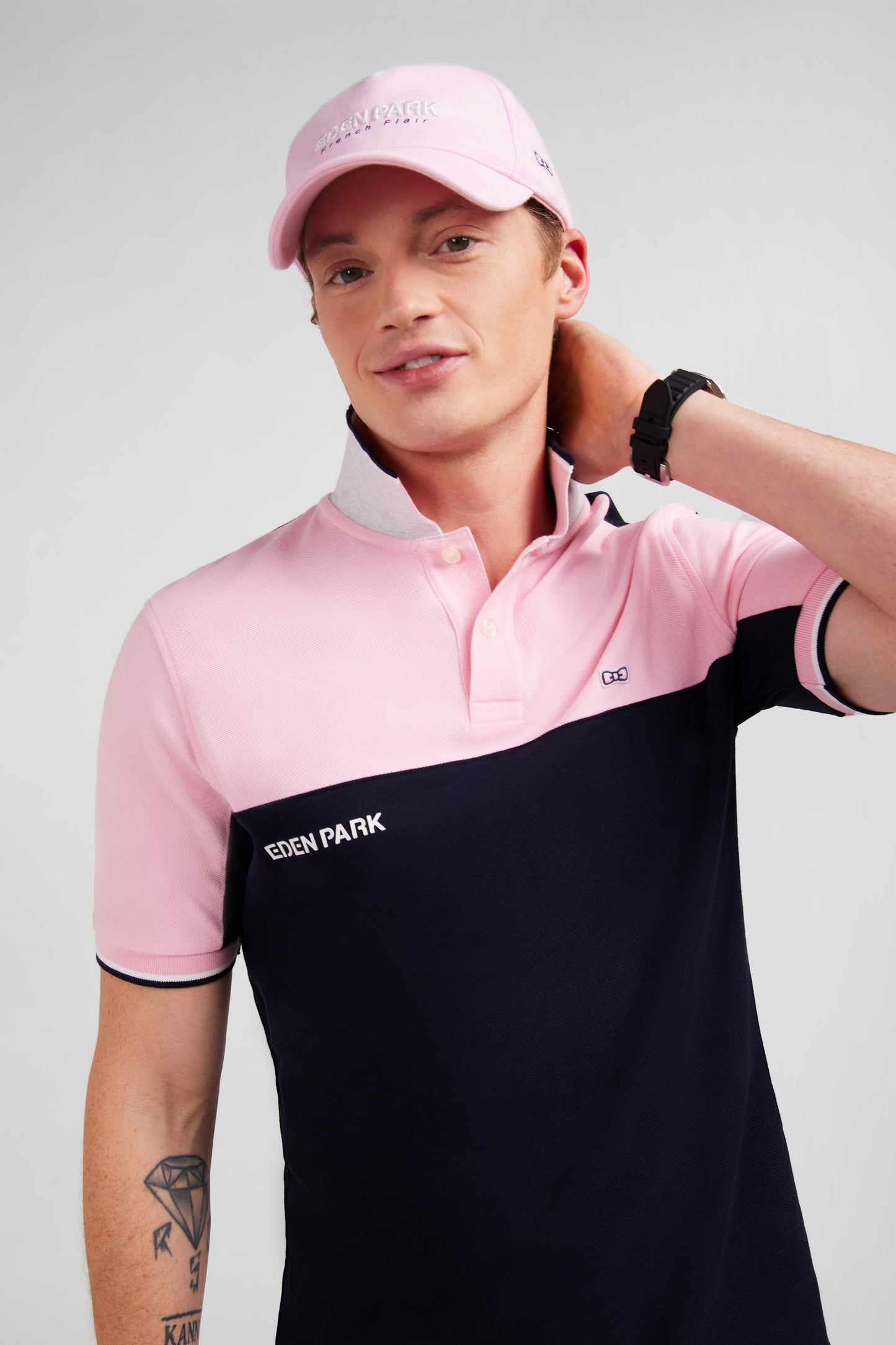 Pink short-sleeved colour-block polo shirt