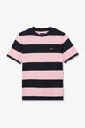 Short-sleeved navy and pink cotton T-shirt with ribbon trim