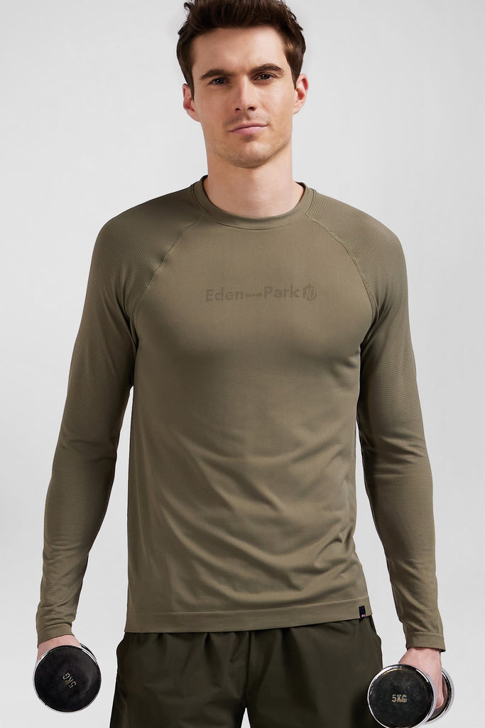 Khaki green long-sleeved sports T-shirt with striped details