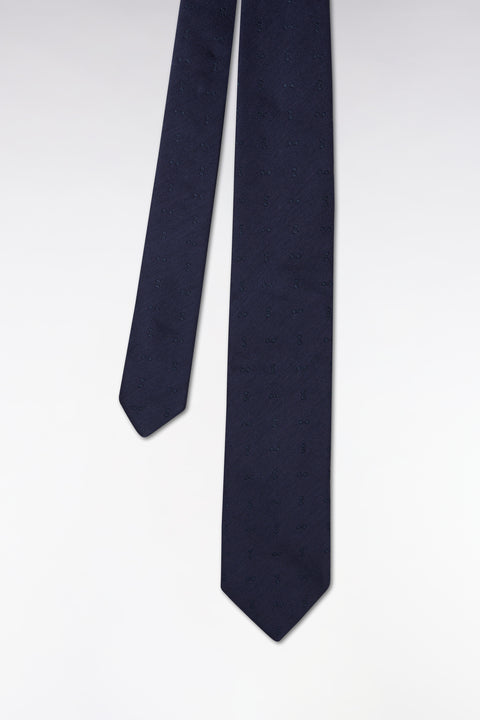 Navy cotton-silk tie with bow tie jacquard - Image 1