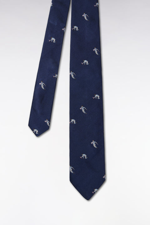 Indigo silk tie with rugby player motifs - Image 1