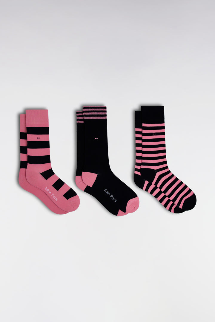 Lot de 3 paires de chaussettes cerclées marine et roses en coton stretch mélangé