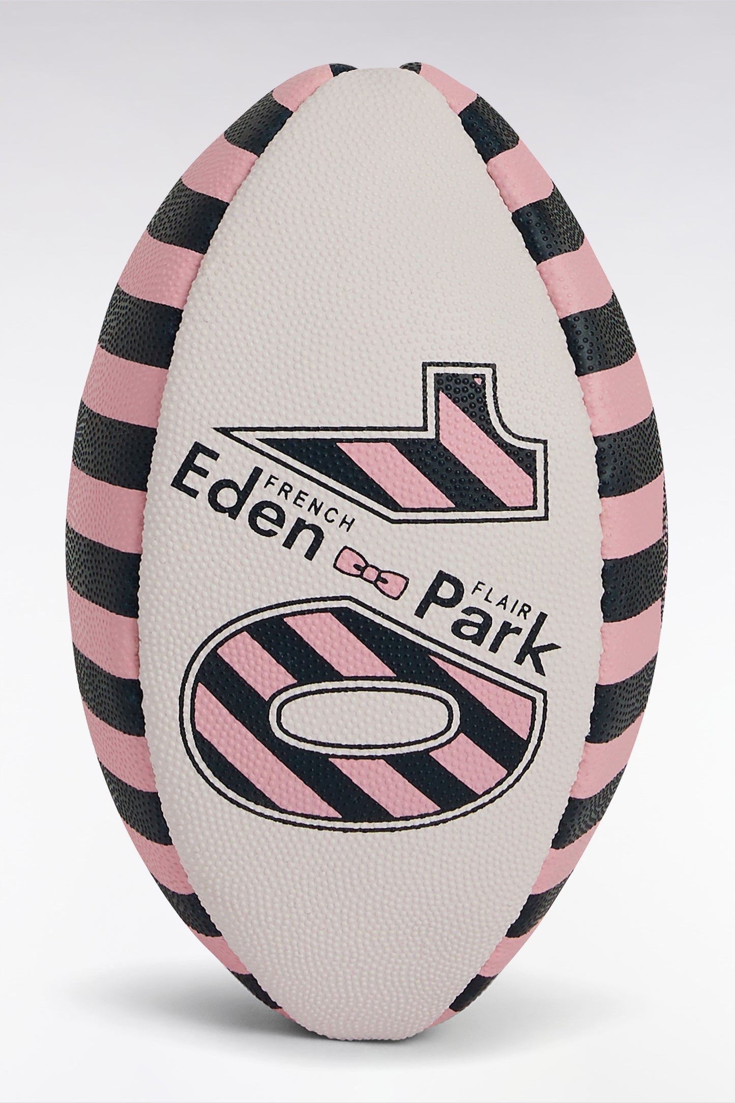 Pink and navy striped rubber rugby ball