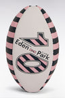 Pink and navy striped rubber rugby ball