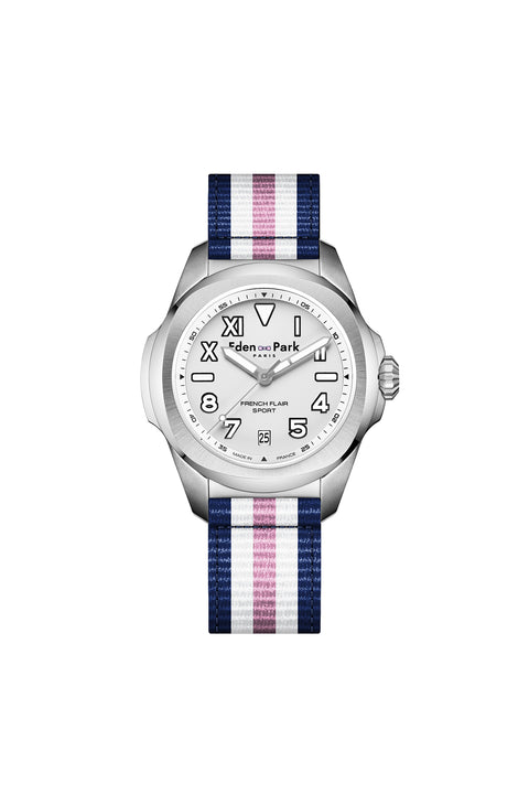Quartz watch with white background striped NATO strap - Image 1