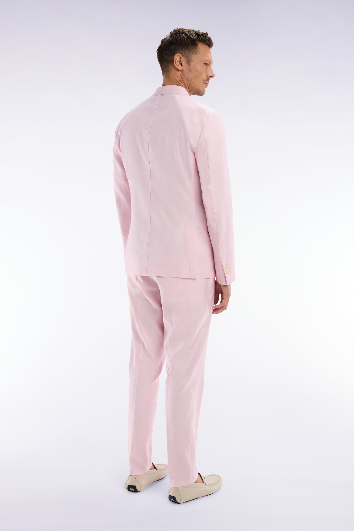 Pantalon à taille élastique en lin et coton stretch rose