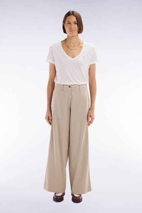 Relaxed fit beige stretch linen and cotton trousers - Image 3