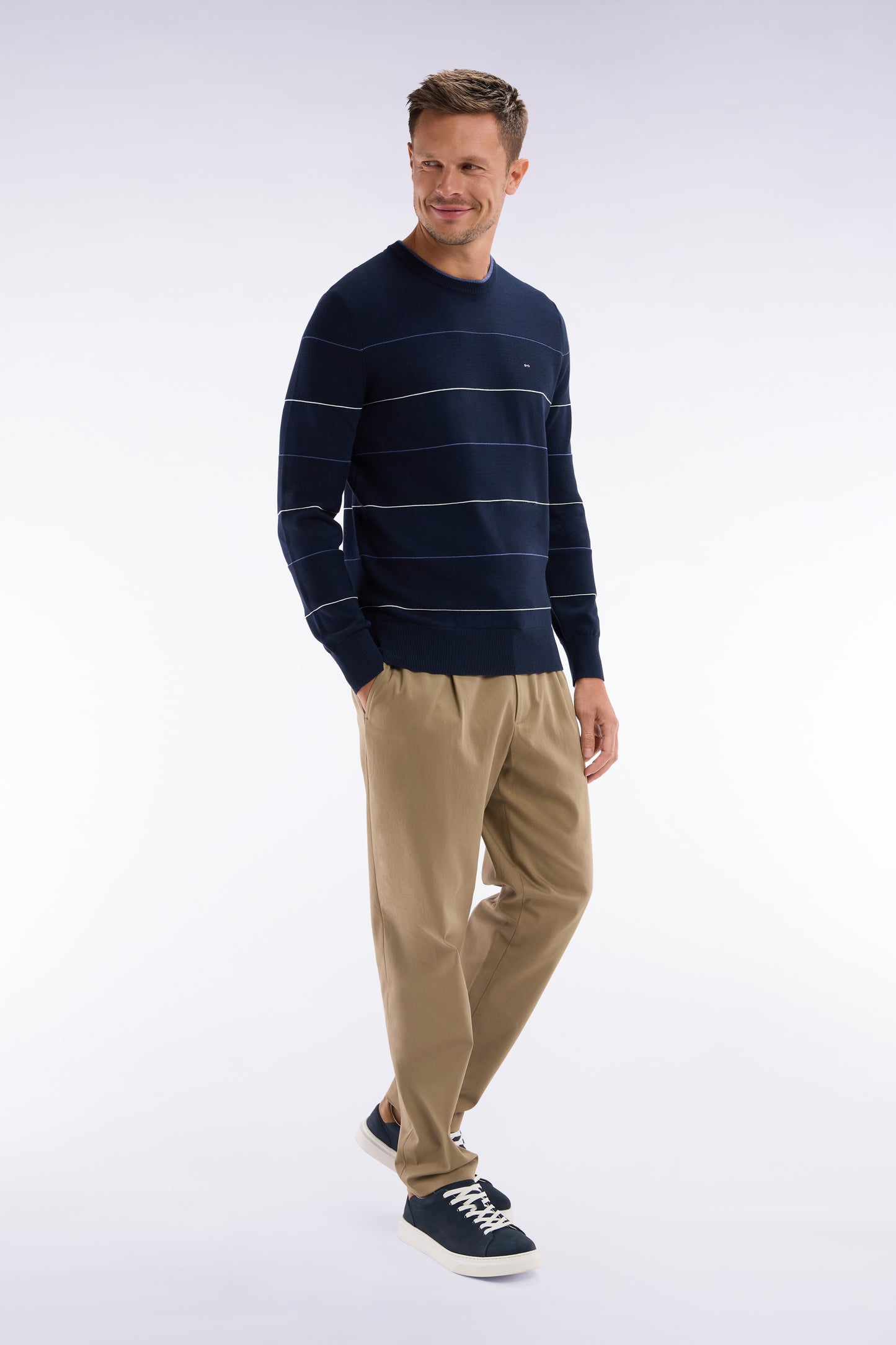 Elastic trousers in camel lyocell and stretch cotton