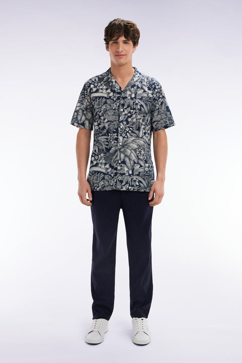 Flowing elastic trousers in navy stretch linen - cotton blend - Image 1