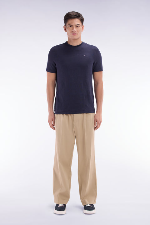 Wide-leg beige pleated trousers in stretch lyocell and cotton - Image 1
