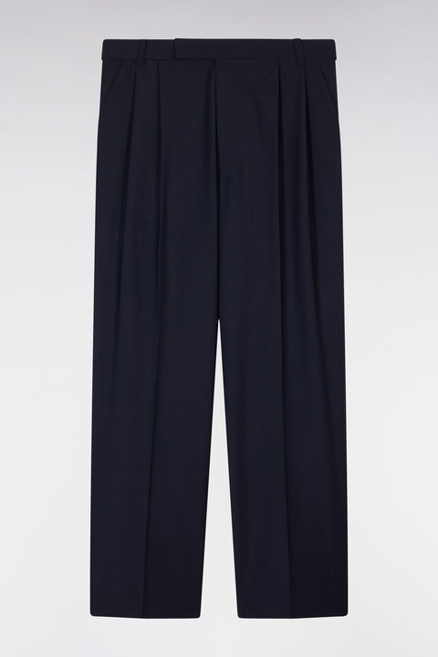 Wide-leg pleated trousers in navy stretch wool blend - Image 2