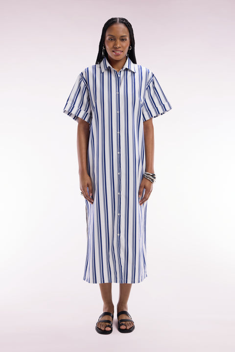 Relaxed fit striped shirt dress in navy and white cotton - Image 3