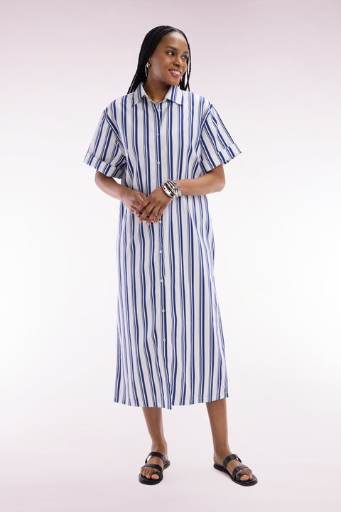 Relaxed fit striped shirt dress in navy and white cotton - Image 1