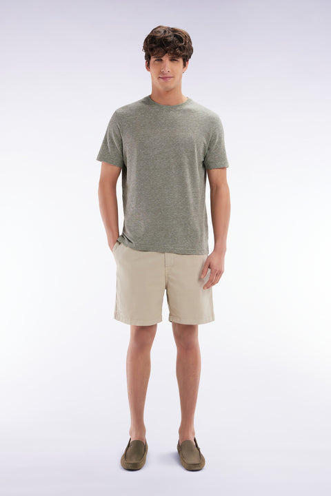 Elastic waist shorts in plain beige stretch cotton - Image 1