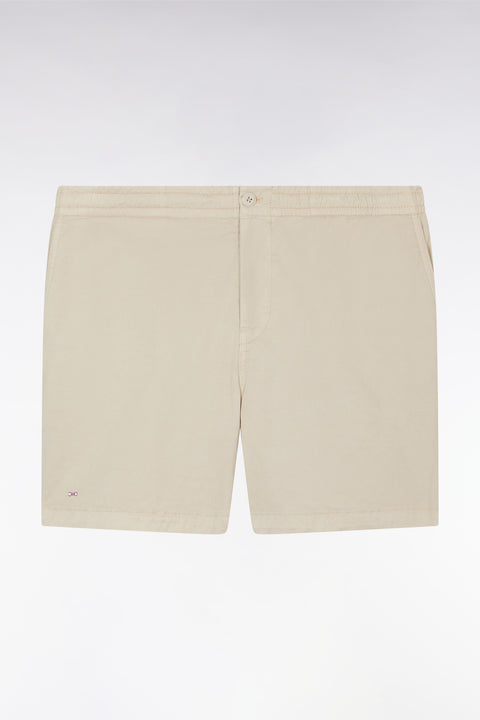 Elastic waist shorts in plain beige stretch cotton - Image 2