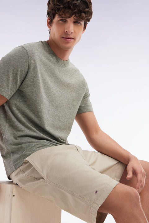 Elastic waist shorts in plain beige stretch cotton - Image 3