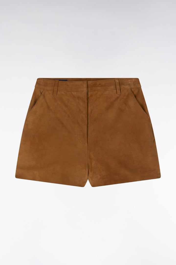 Short en cuir suédé marron coupe droite