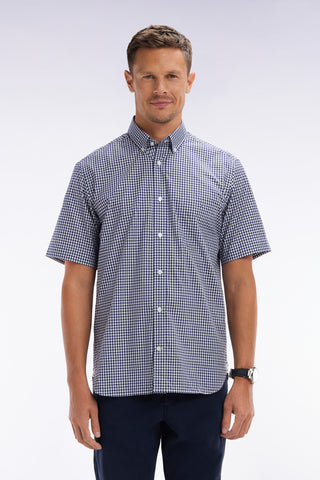 Straight short-sleeved shirt in dark blue gingham cotton
