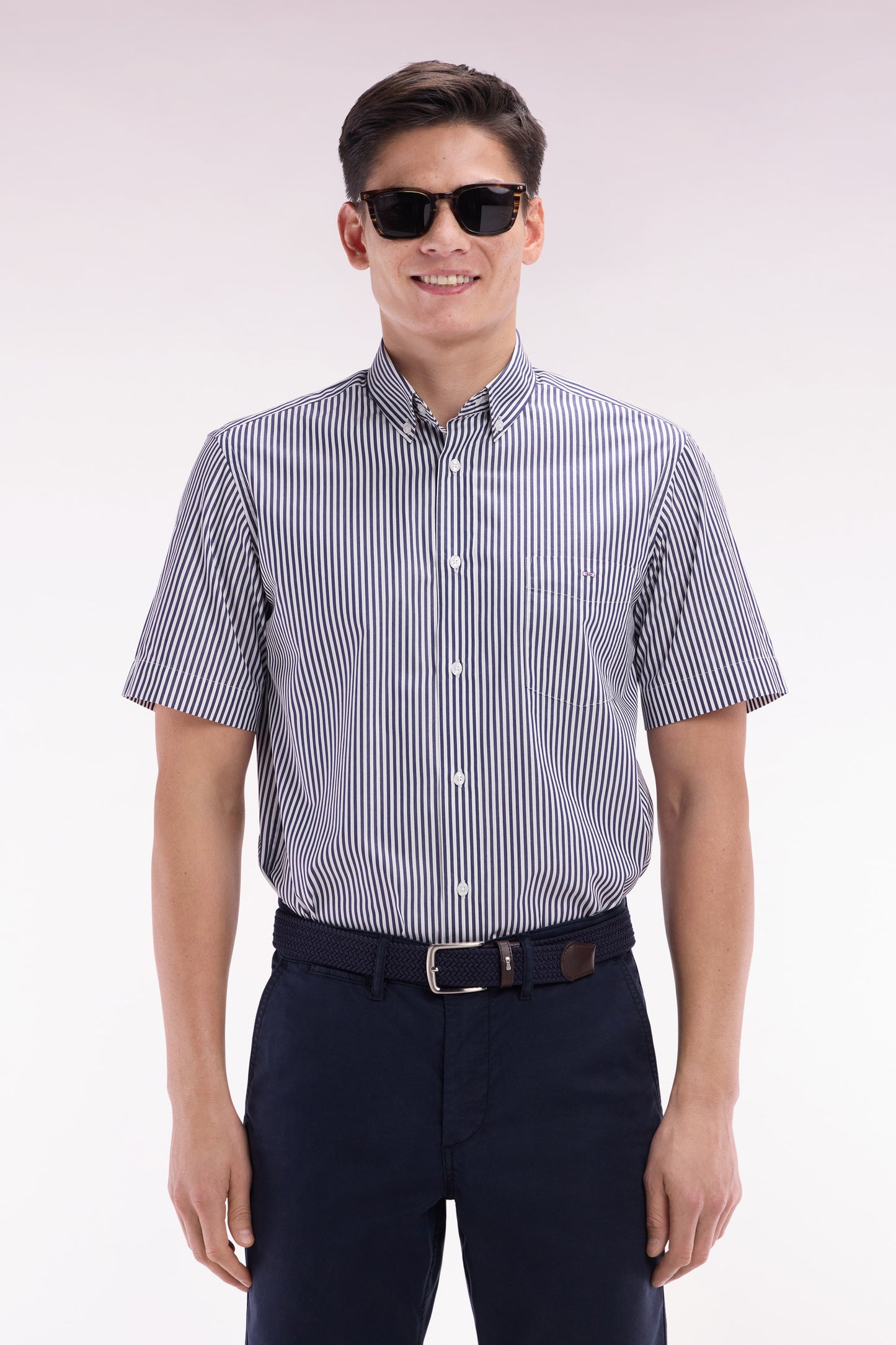 Straight short-sleeved shirt in striped dark blue cotton