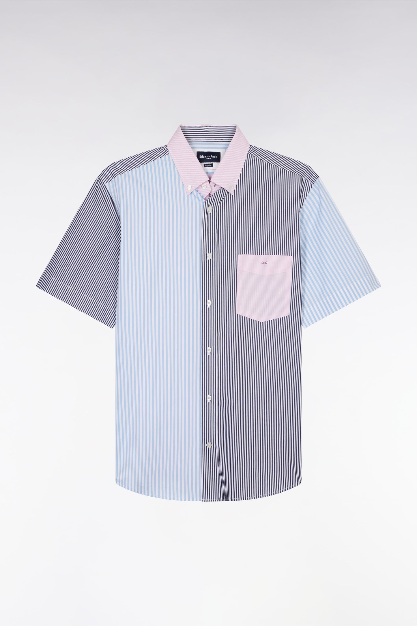 Straight short-sleeved shirt in striped pink and navy cotton