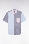 Straight short-sleeved shirt in striped pink and navy cotton