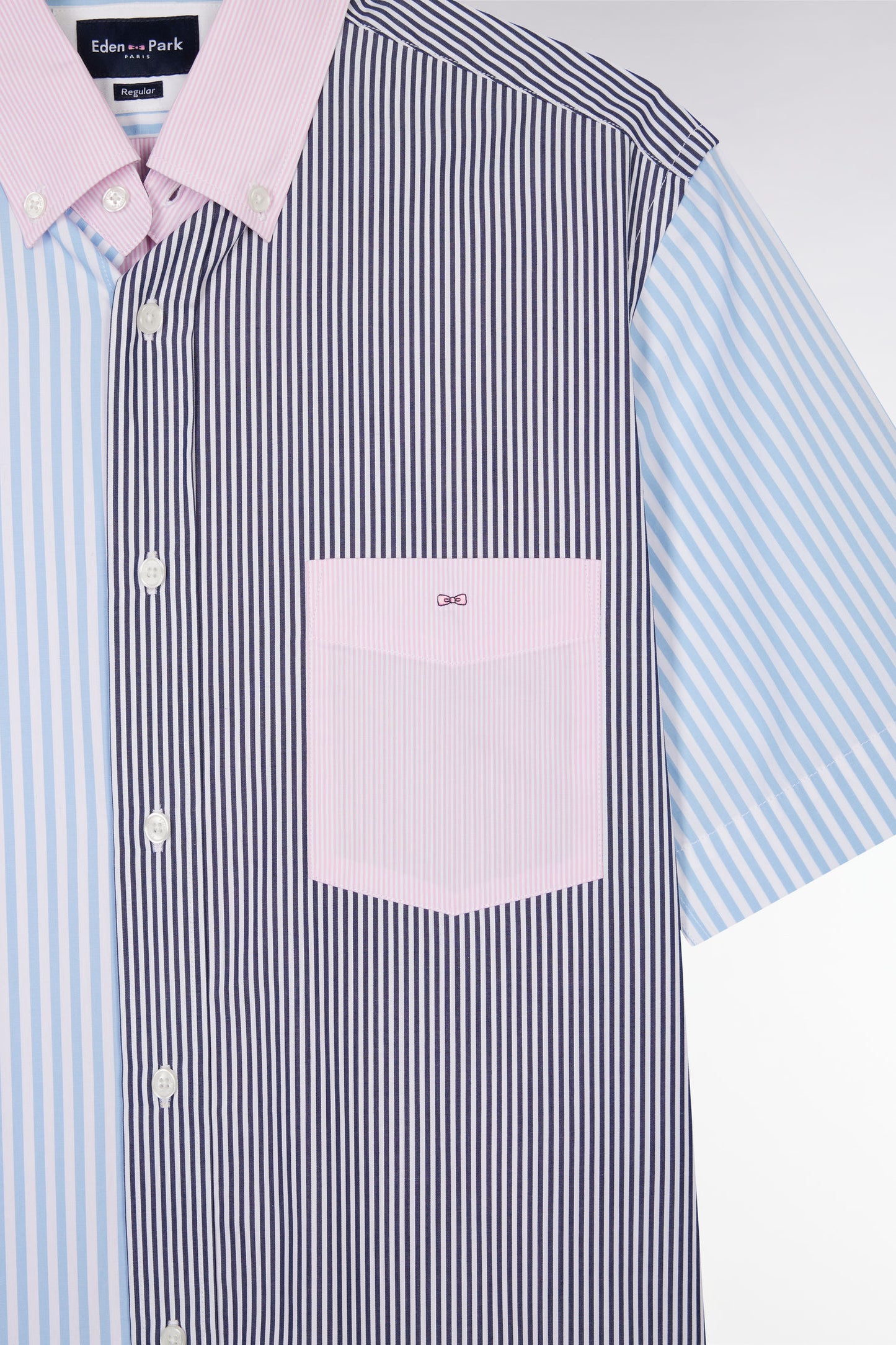 Straight short-sleeved shirt in striped pink and navy cotton