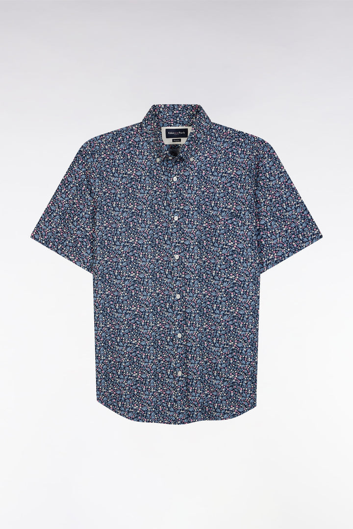 Chemise à manches courtes en coton marine microimprimé fleurs coupe droite