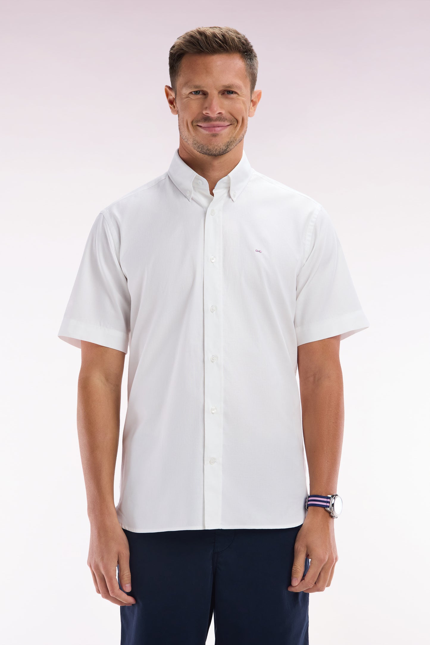 Chemise à manches courtes en coton blanc broderie Eden Park coupe droite