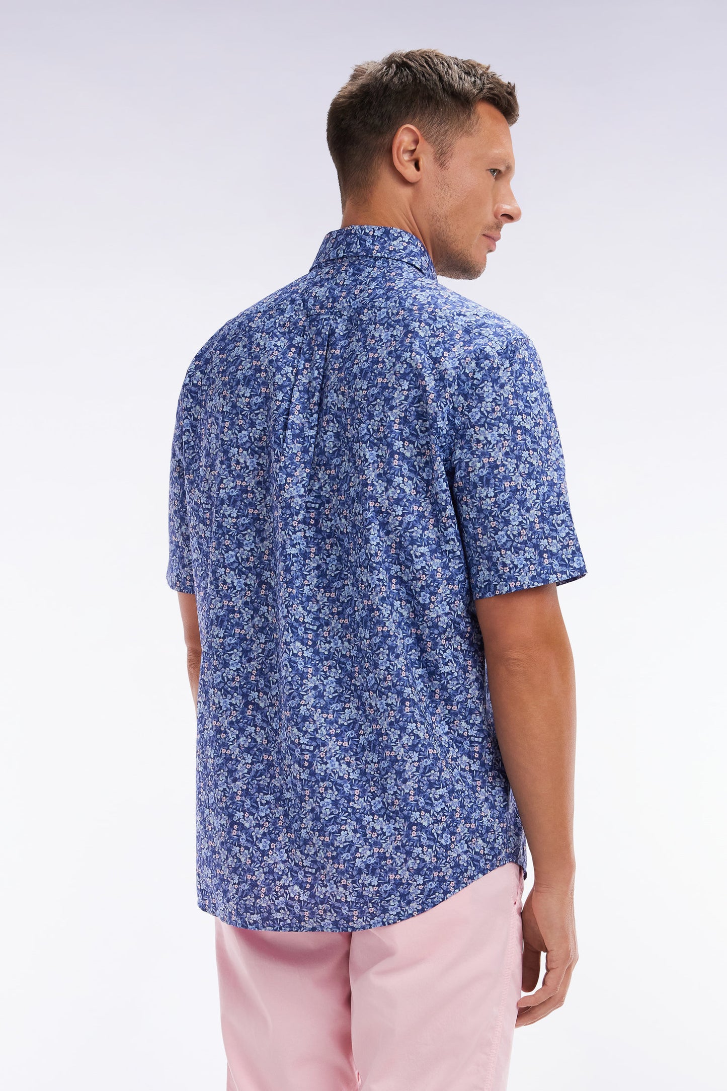 Straight short-sleeved shirt in Pima cotton poplin blue micro floral pattern