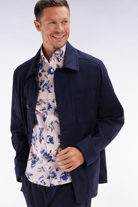 Straight short-sleeved pink shirt in Pima cotton poplin blue floral pattern - Image 2