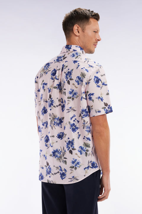 Straight short-sleeved pink shirt in Pima cotton poplin blue floral pattern - Image 3