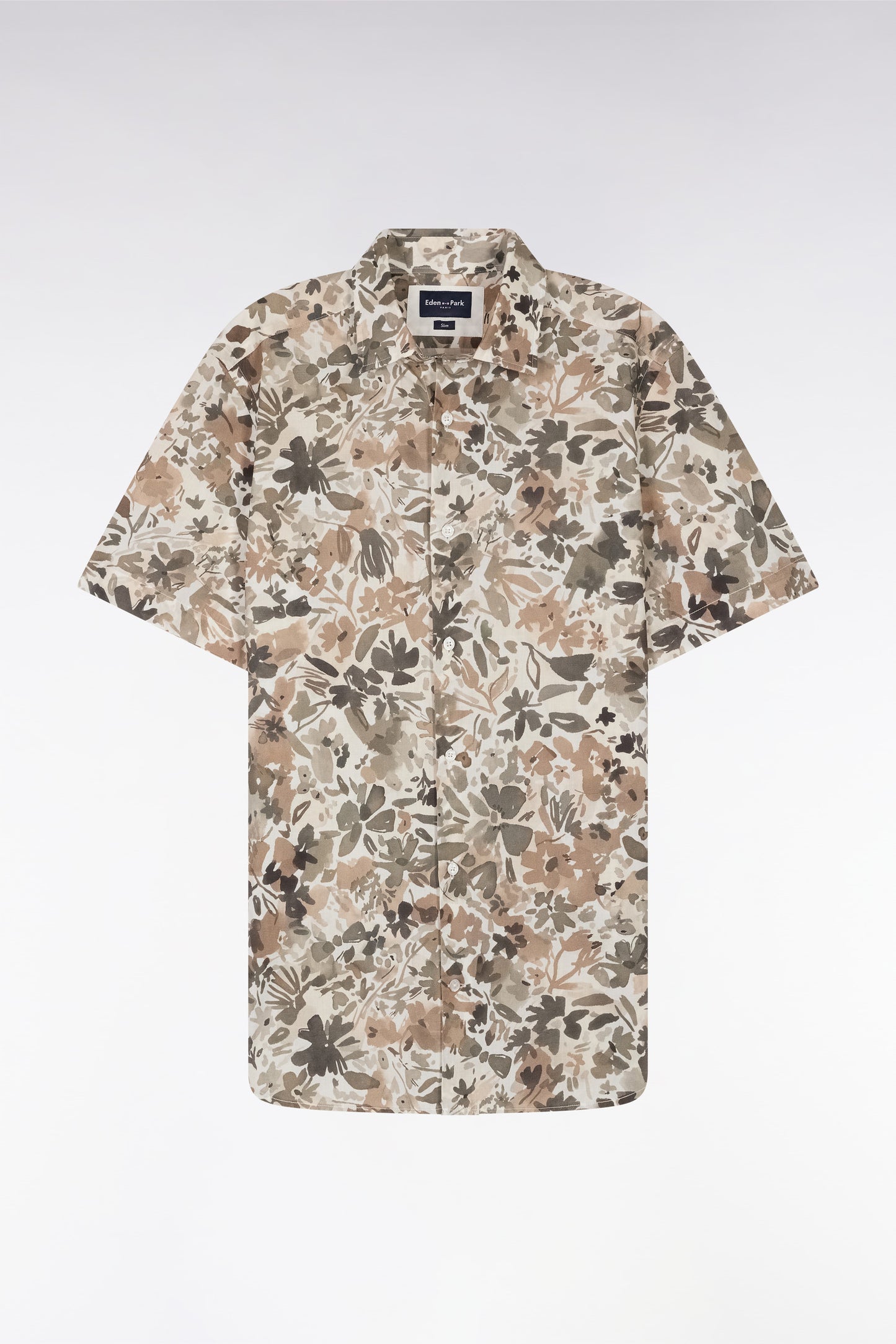 Slim-fit short-sleeved floral print shirt in khaki cotton