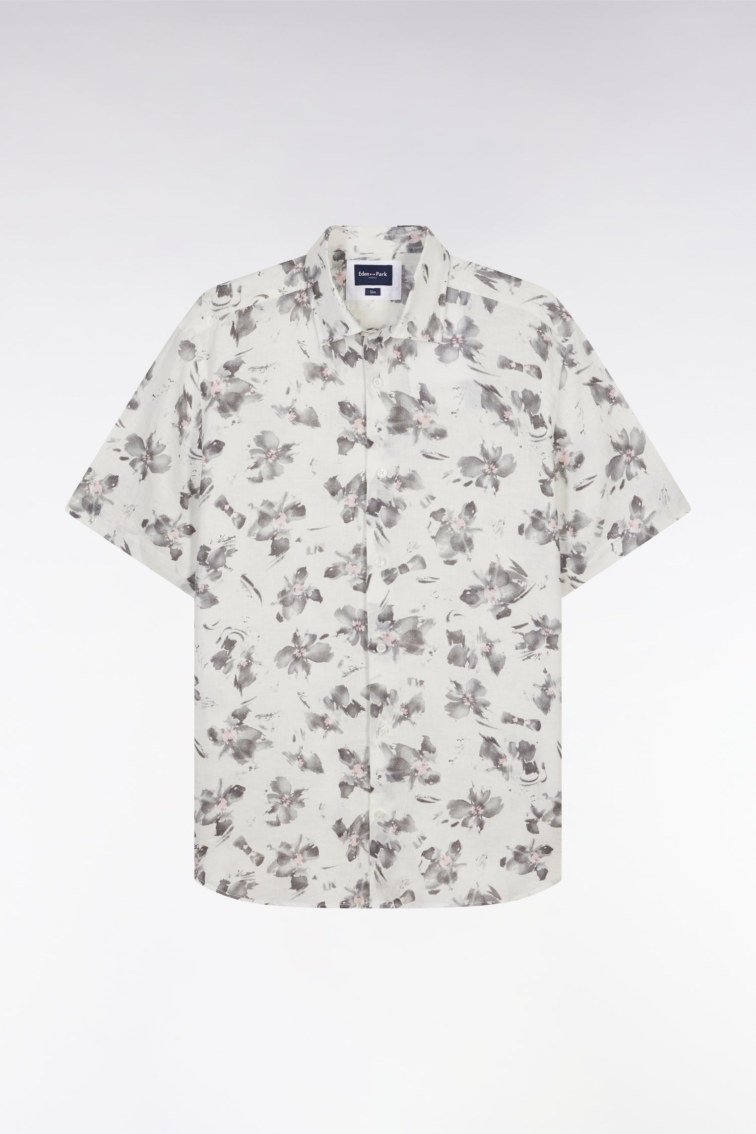 Chemise à manches courtes en lin écru à imprimé floral gris coupe ajustée